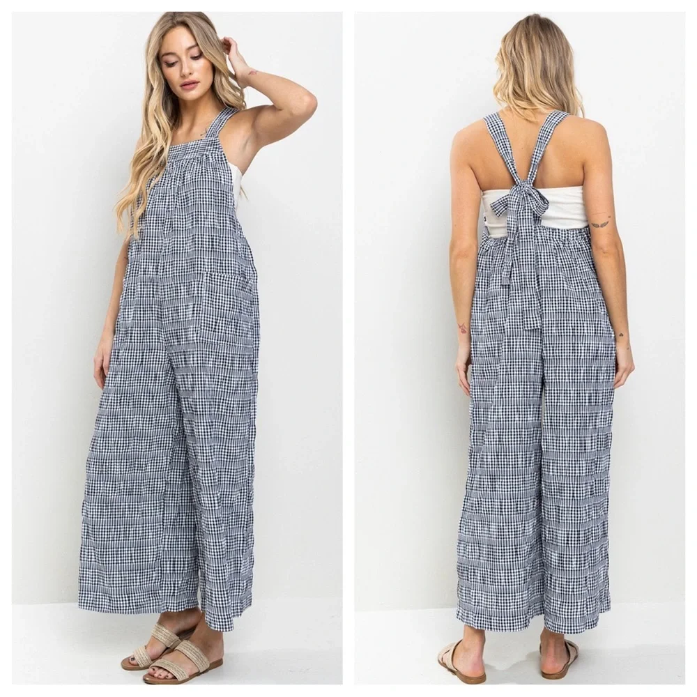 15 Boho Loose fit Plaid Wide-Leg Jumpsuit Side Pockets and adjustable straps - Picture 2 of 4